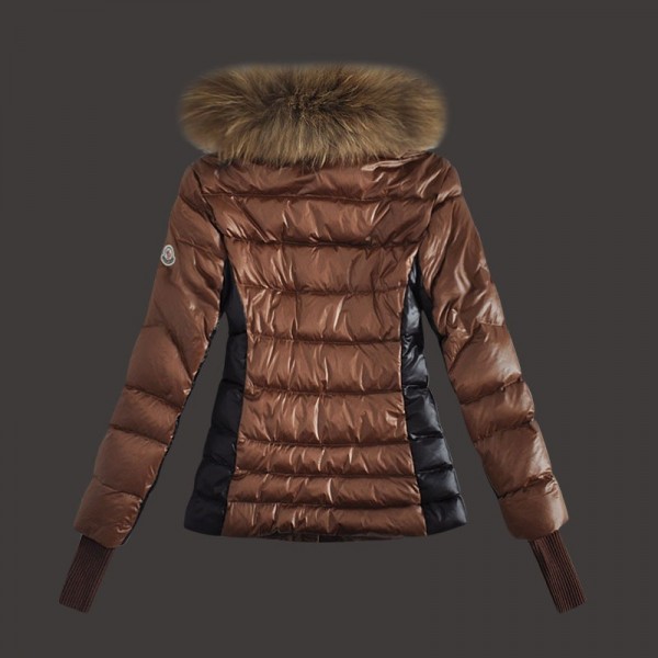 Moncler Donna Giù cappotto di pelliccia con cappuccio marrone uscita M1094